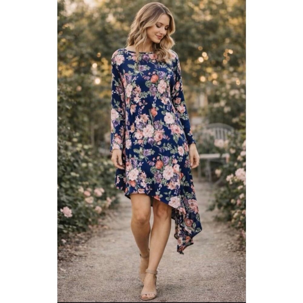 Abercrombie & Fitch Asymmetrical Navy Floral Long Sleeve Dress sz M Romantic
